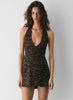 Double satin halterneck micro dress in leopard print