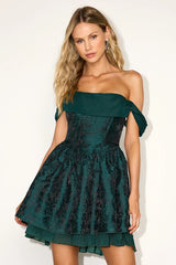 Kalara Dark Green Jacquard Off-the-Shoulder Mini Dress