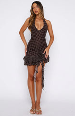 Coastal Sway Halter Mini Dress Chocolate Polka Dot