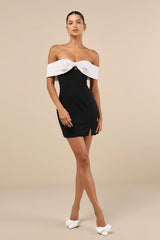 Extravagant Moment Black and White Off-the-Shoulder Mini Dress