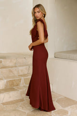 Elegant Twist Front Tie Shoulder Maxi Dress Burgundy