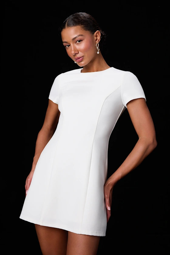 Renetta White Ponte Knit Short Sleeve Mini Dress