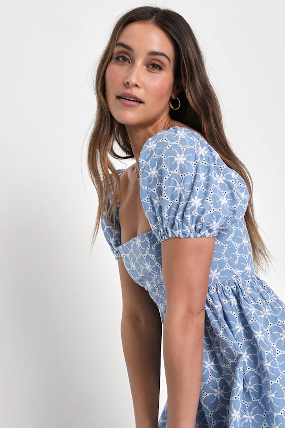Fit to Frolic Blue Eyelet Lace Puff Sleeve Babydoll Dress