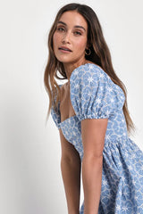 Fit to Frolic Blue Eyelet Lace Puff Sleeve Babydoll Dress