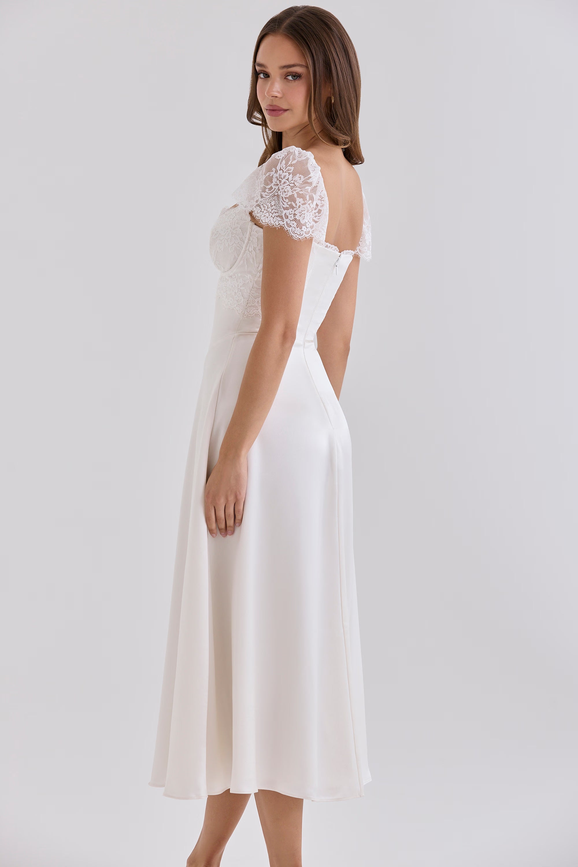 white satin + lace midi dress