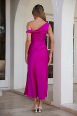 Stylish Season Off Shoulder Satin Midi Dress Fuchsia
