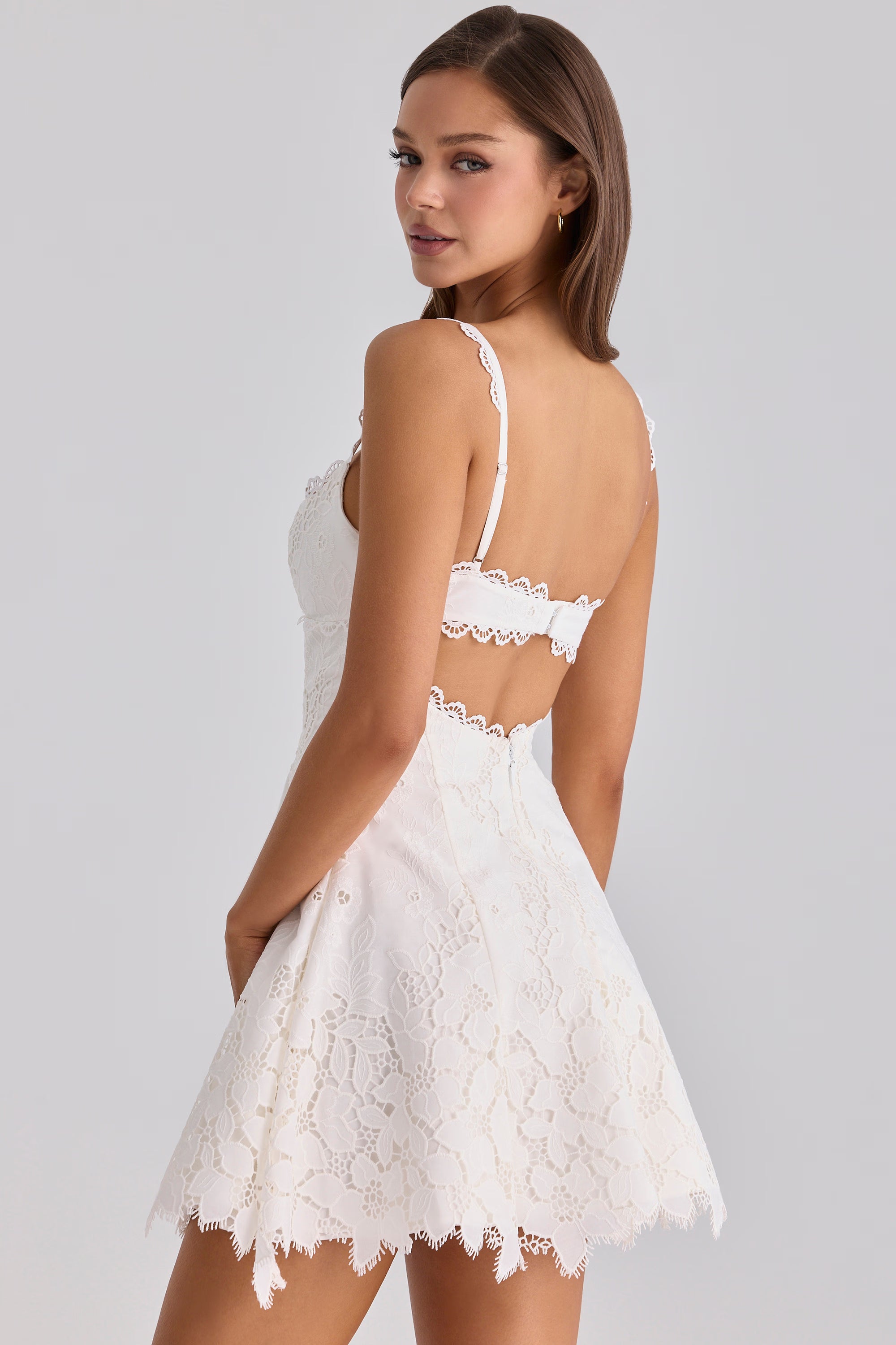white custom lace broderie anglaise mini dress