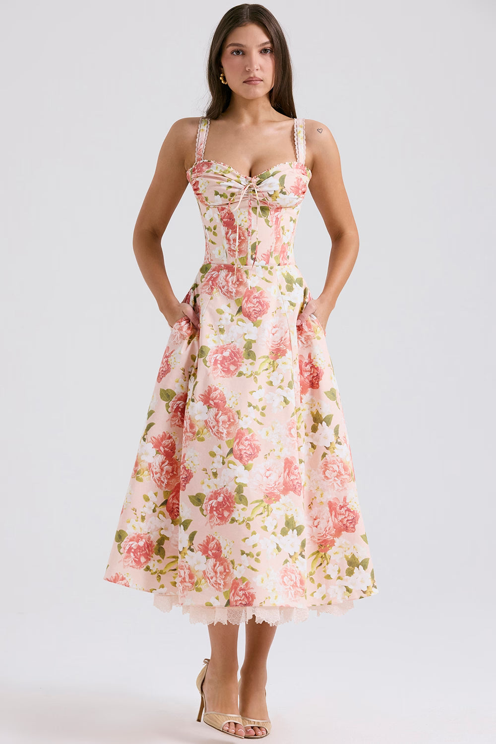 pink peony print cotton bustier sundress