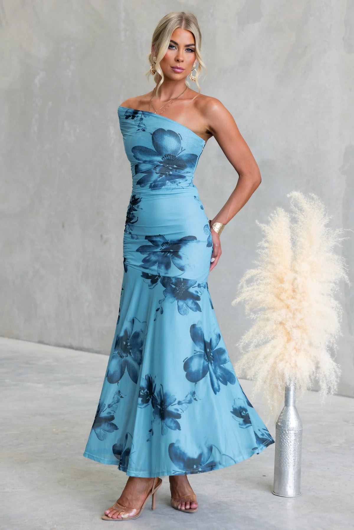 Floral Print One-Shoulder Ruched Maxi Dress