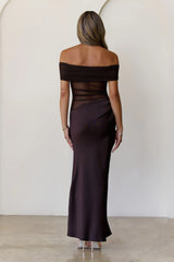 Veiled Whispers Off Shoulder Maxi Dress Brown