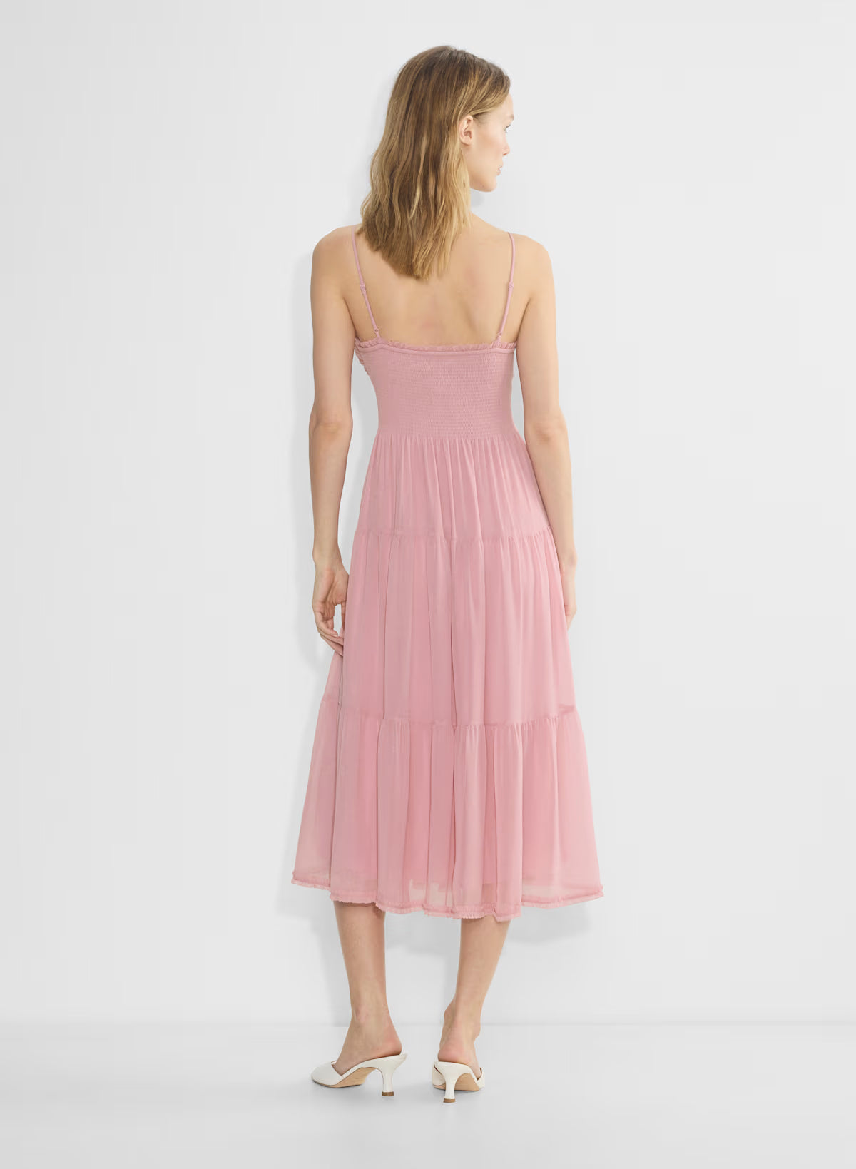 Chiffon tiered V-neck midi dress— tart pink
