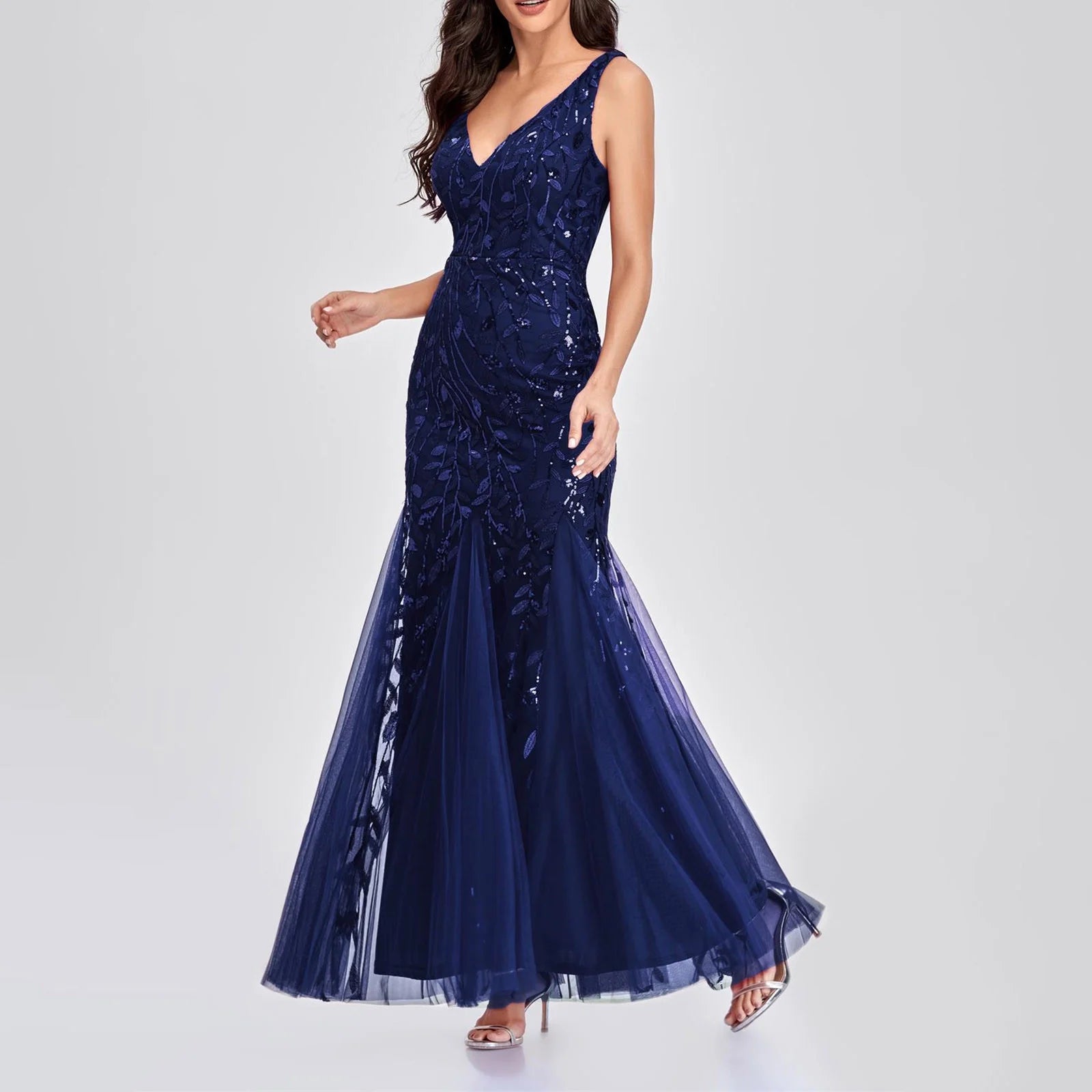 Long Ball Gowns for Women Sparkly Formal Chiffon Sequin Dress V Neck Prom Maxi Dress Bodycon Mermaid Evening Gowns