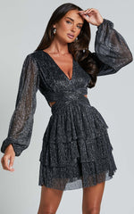 Elaine Mini Dress - Long Sleeve Tiered Plisse Dress in Gunmetal