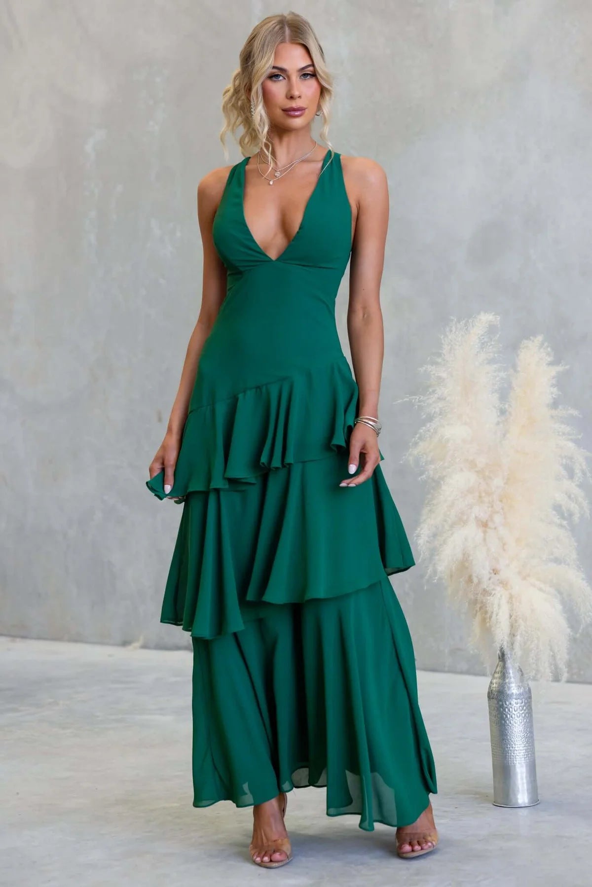 Sleeveless Ruffled Layered Backless Maxi Dress