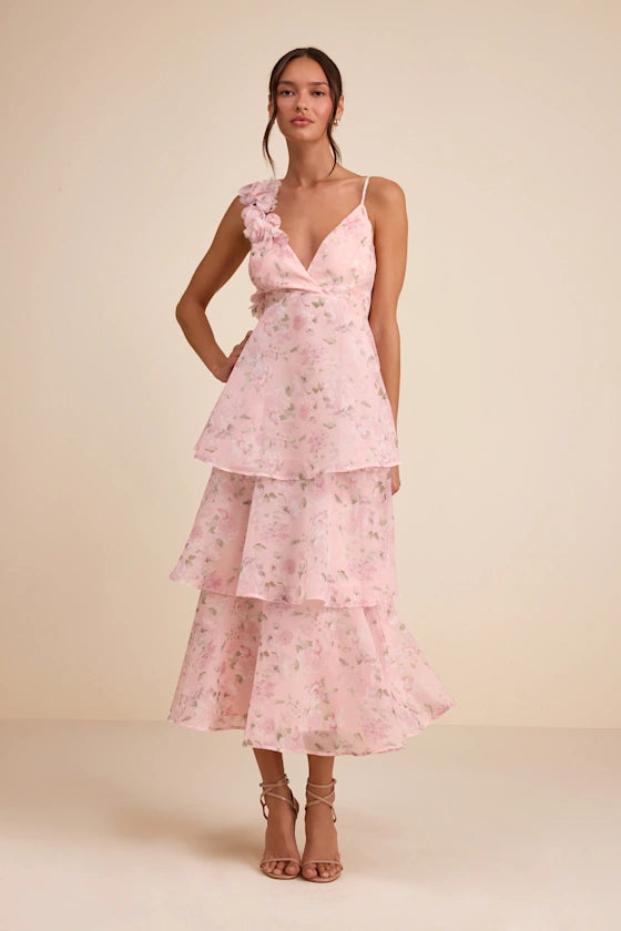 Daleyza Light Pink Floral Organza Tiered Midi Dress