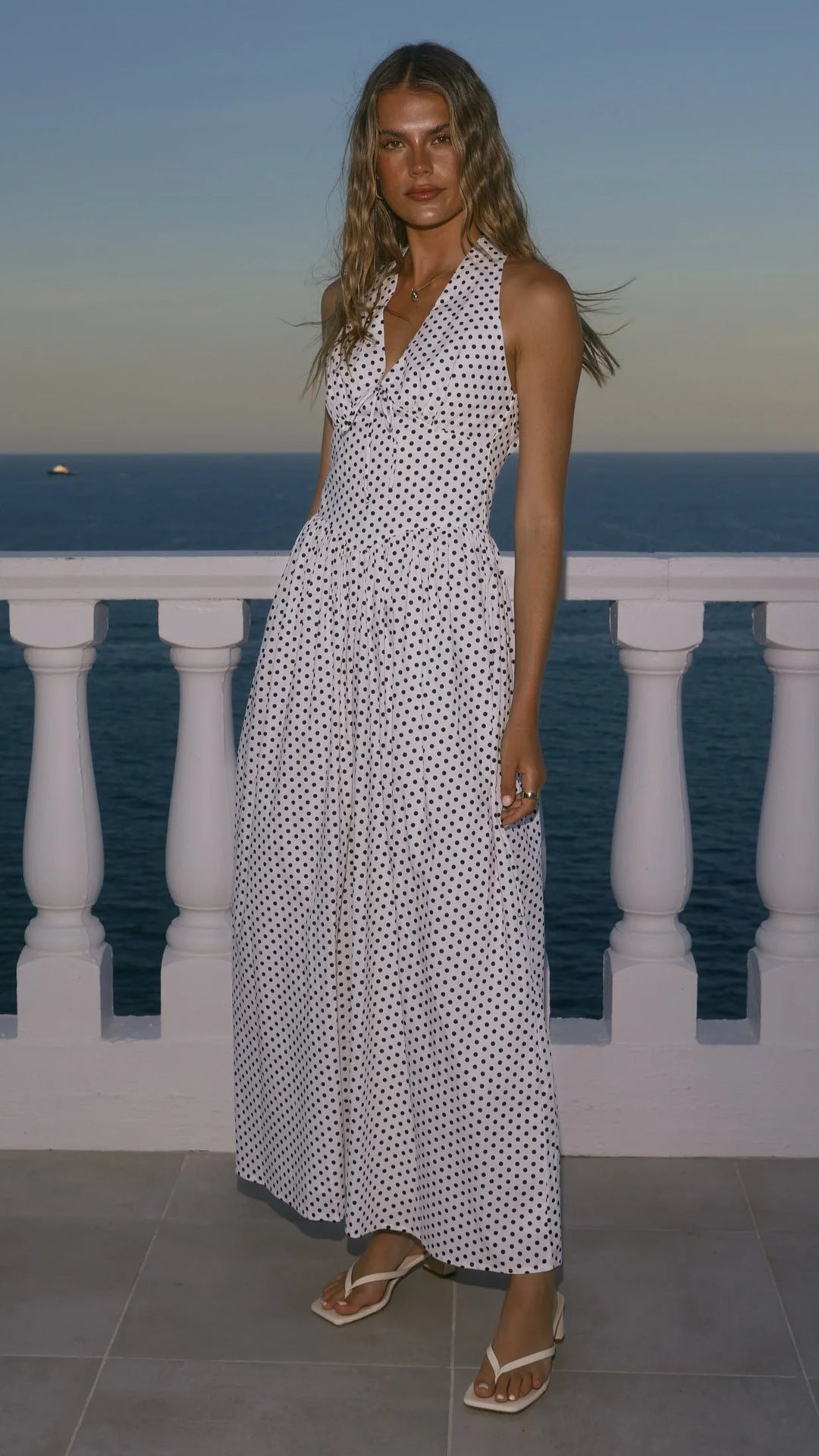Polka Dot Print Halter Neck Fitted Waist Holiday Maxi Dress