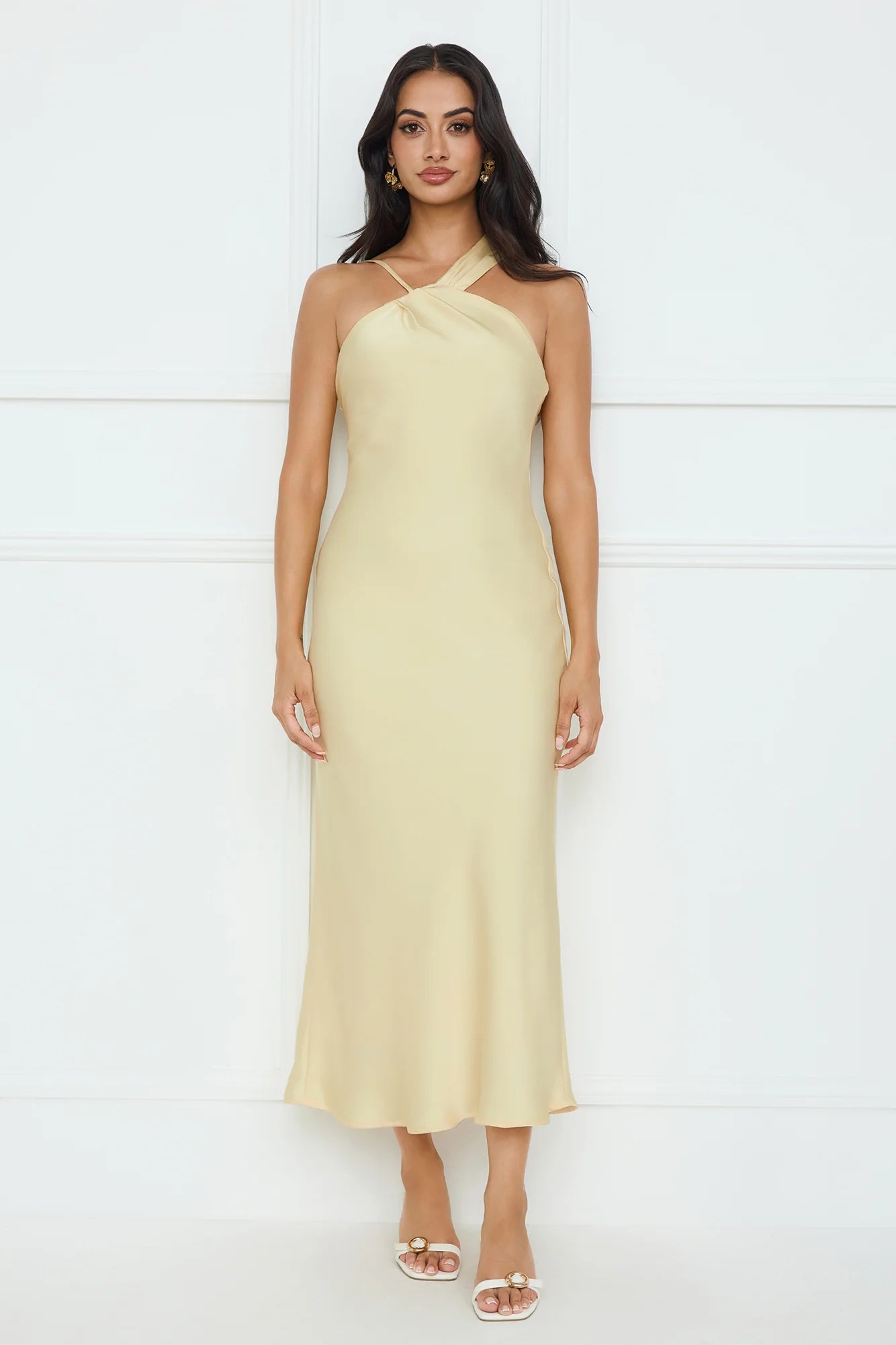 WHISPERING PALMS SATIN MIDI DRESS YELLOW
