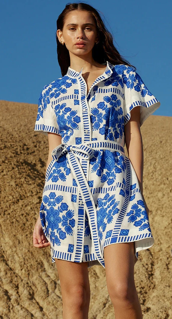 Printed Tie Waist Short Sleeve Mini Dress