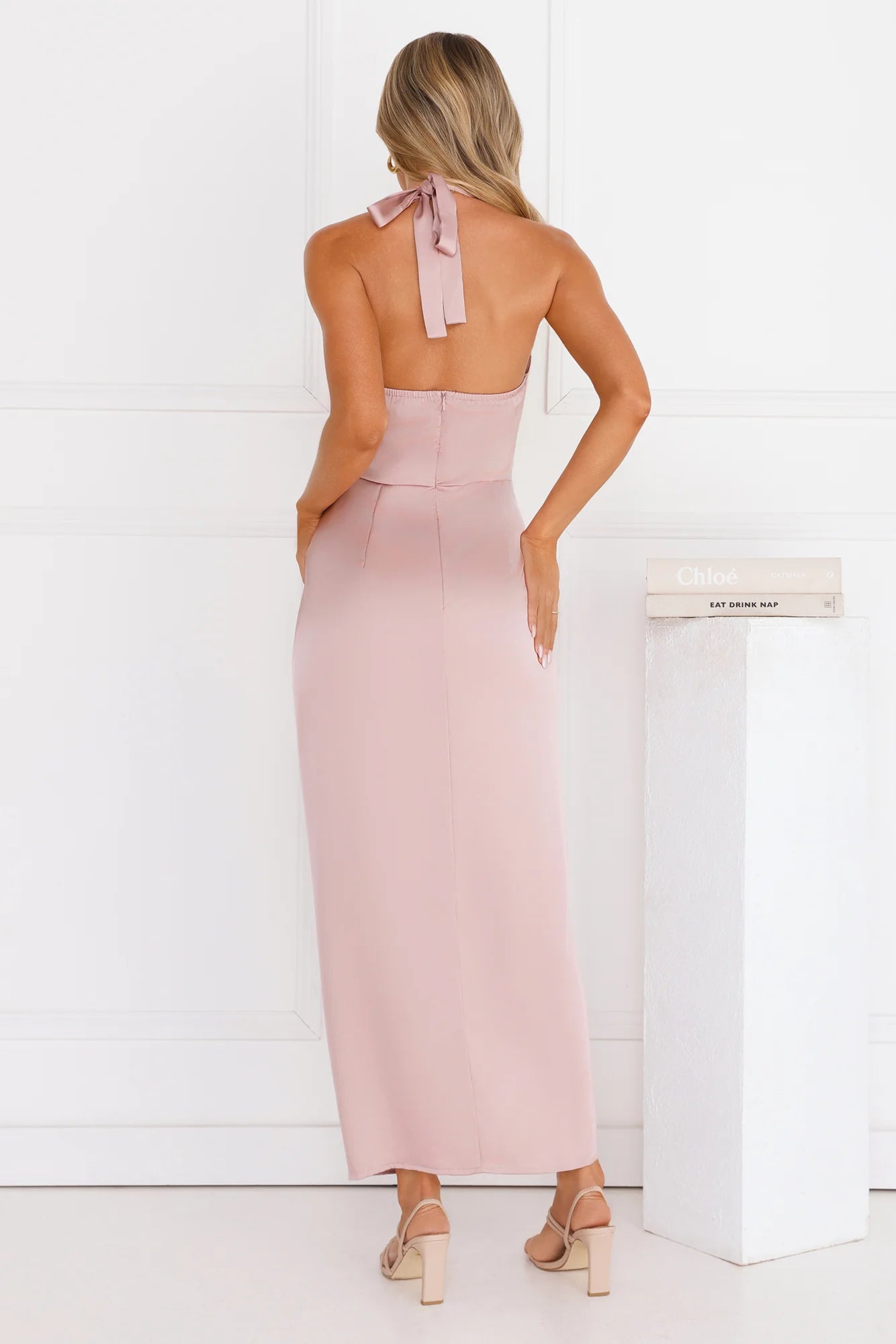 Silken Promise Satin Halter Maxi Dress Pink