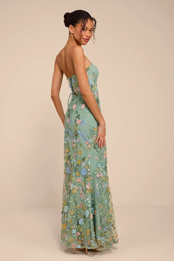 Stefanie Dark Sage Floral Embroidered Mermaid Maxi Dress