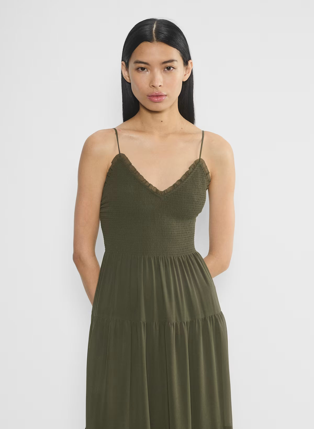Chiffon tiered V-neck midi dress— dark olive