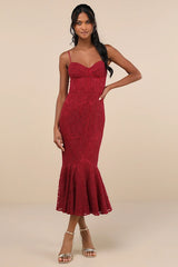 Found Your Love Wine Red Lace Sleeveless Trumpet Midi Dress