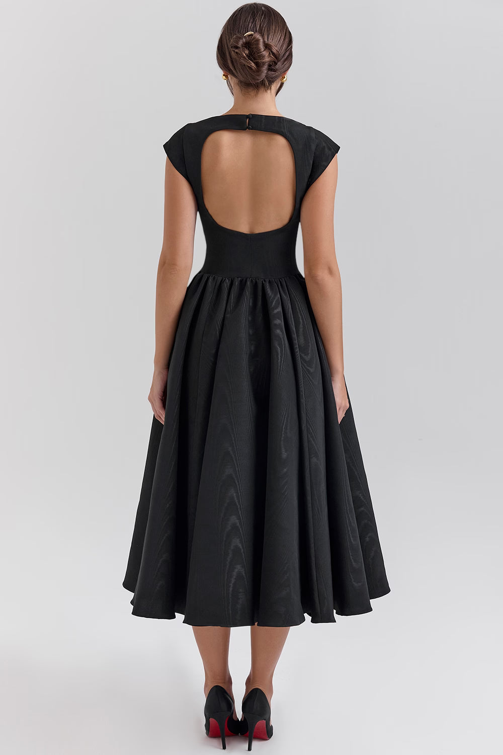 black moire satin backless midi dress