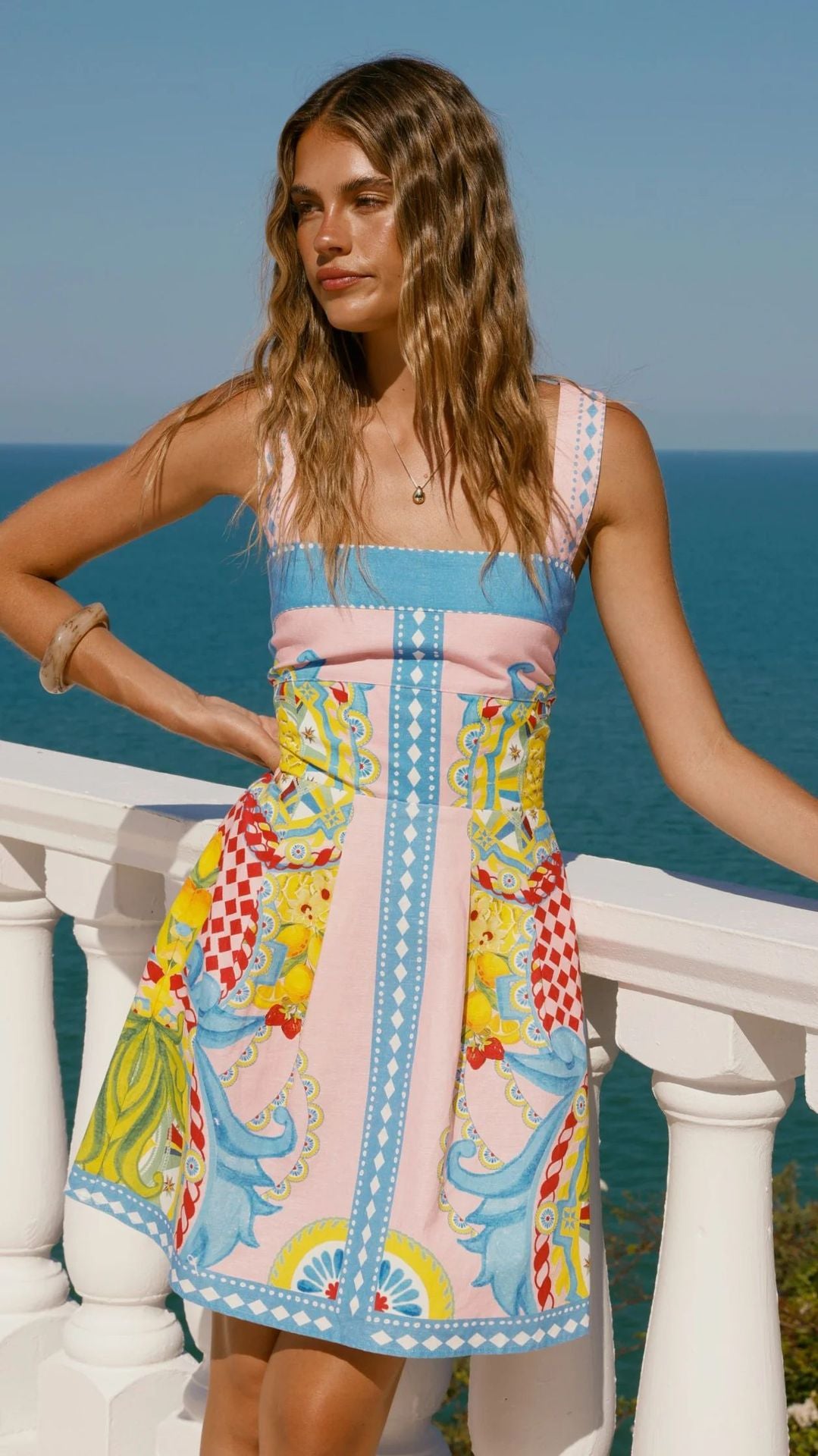 Unique Print Square Neck Sleeveless Casual Pocket Mini Dress