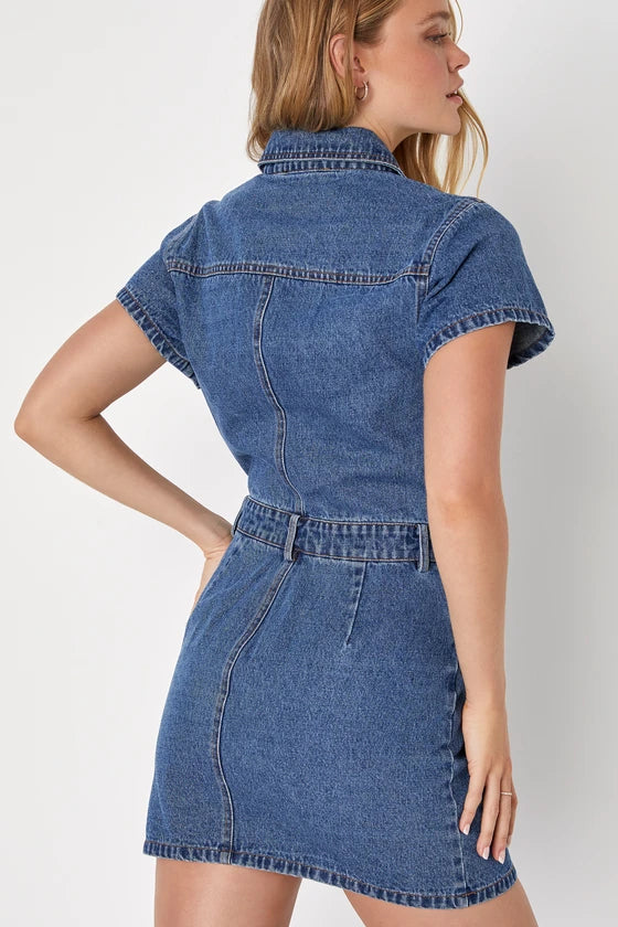 Ready to Charm Medium Wash Short Sleeve Denim Mini Dress
