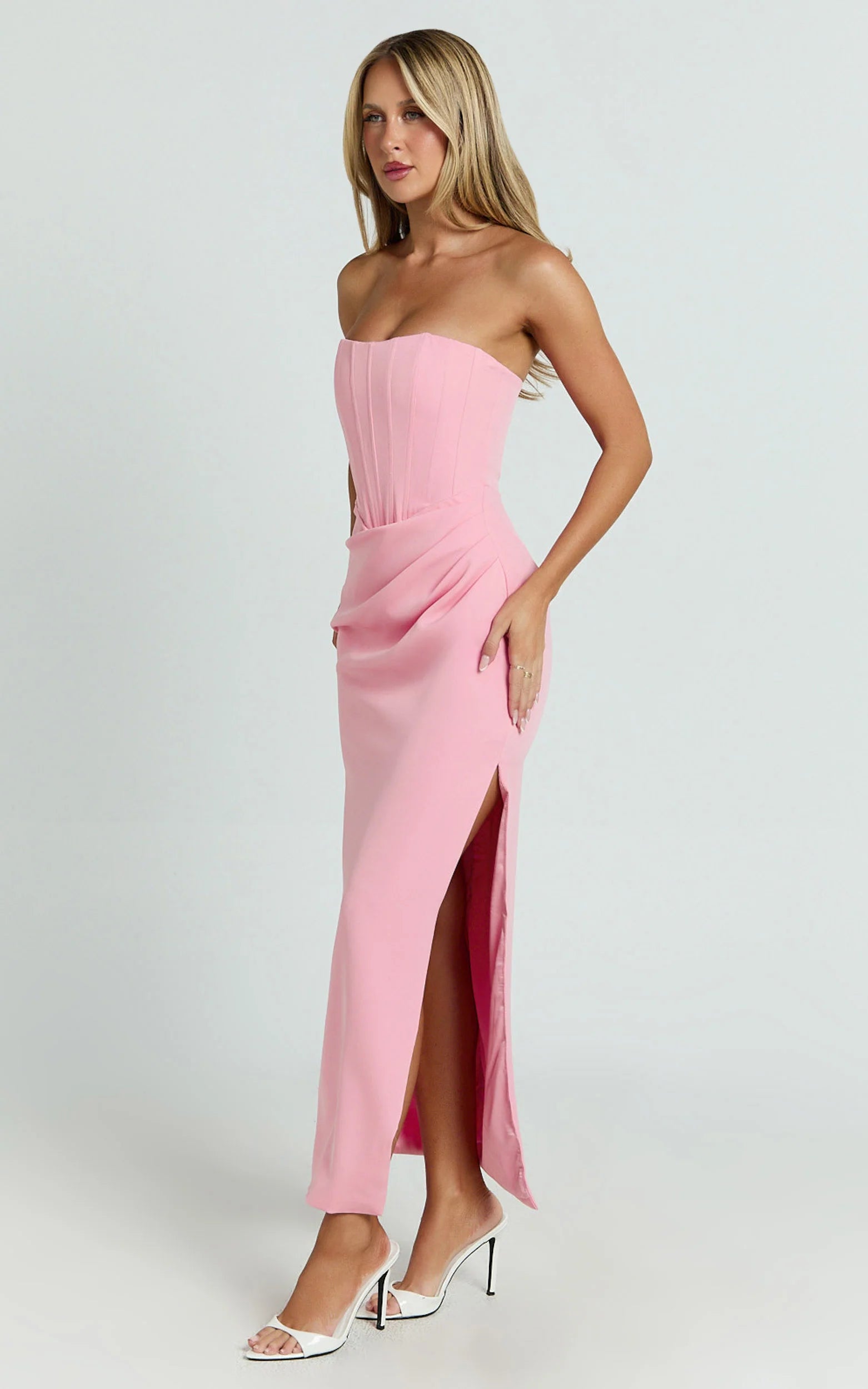 Strapless Draped Side Split Dress in Pink