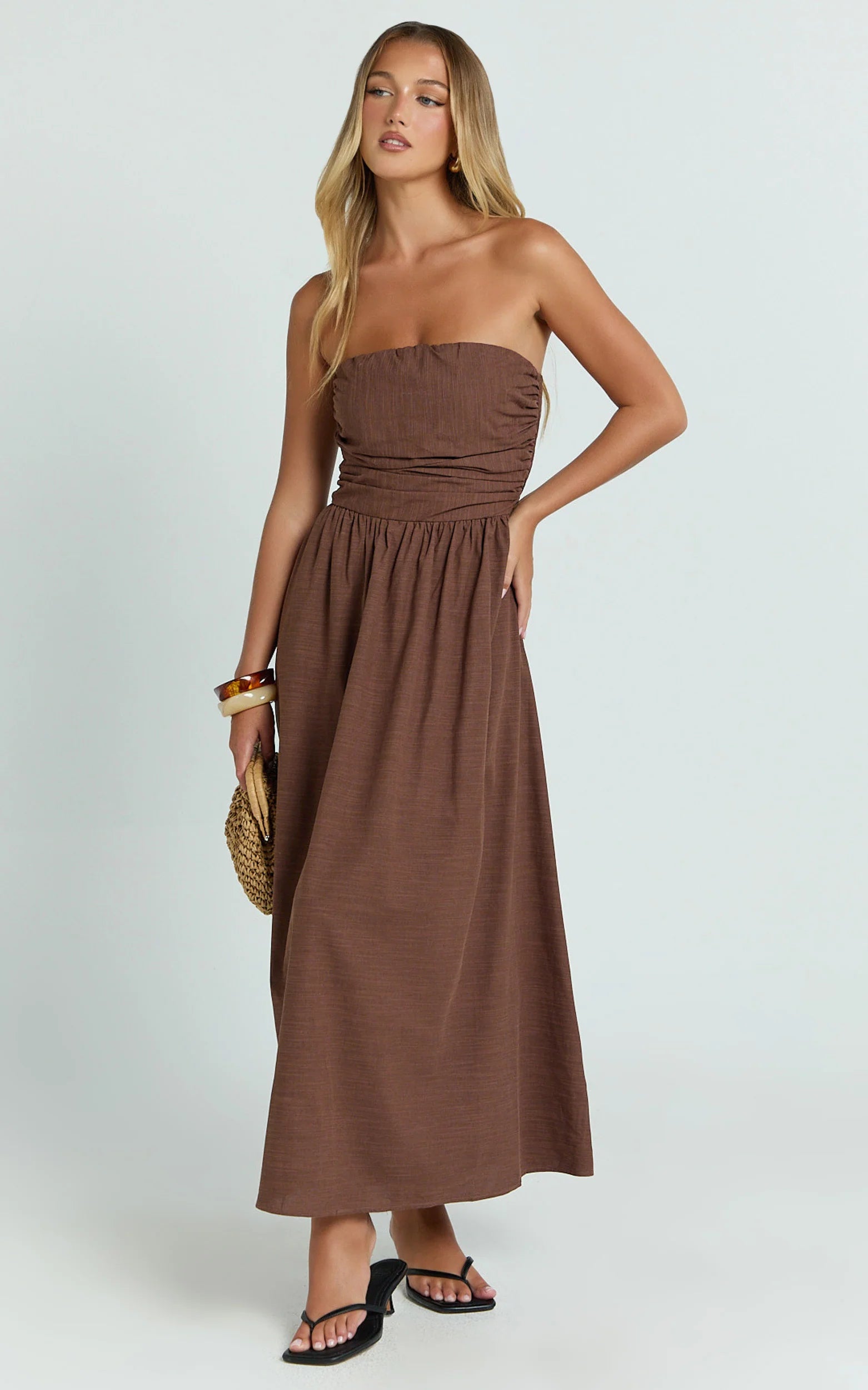 Strapless Ruched Dress in Chocolate
