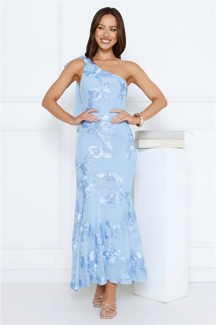 Glossy Girl One Shoulder Mesh Maxi Dress Blue