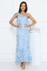 Glossy Girl One Shoulder Mesh Maxi Dress Blue