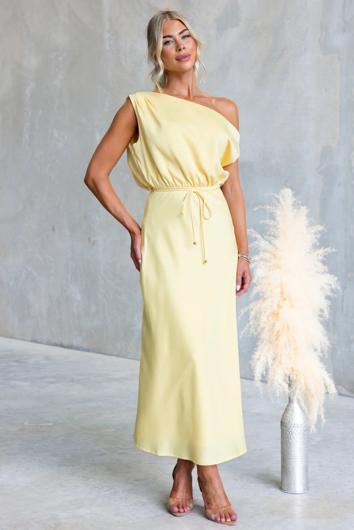 Solid Color One-shoulder Sleeveless Belted Casual Maxi Dress