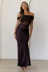 Veiled Whispers Off Shoulder Maxi Dress Brown