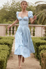 blue ivory floral puff sleeve midi dress