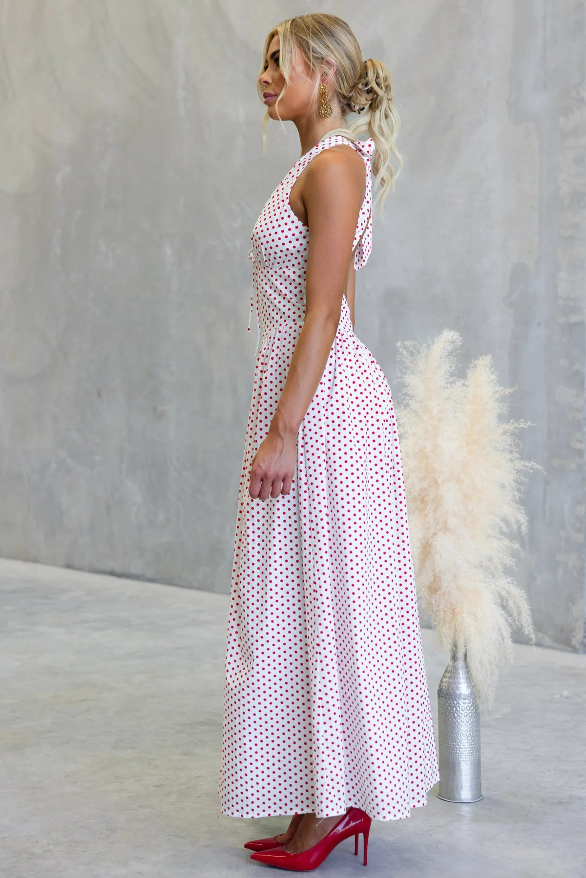 Polka Dot Print Halter Neck Fitted Waist Holiday Maxi Dress