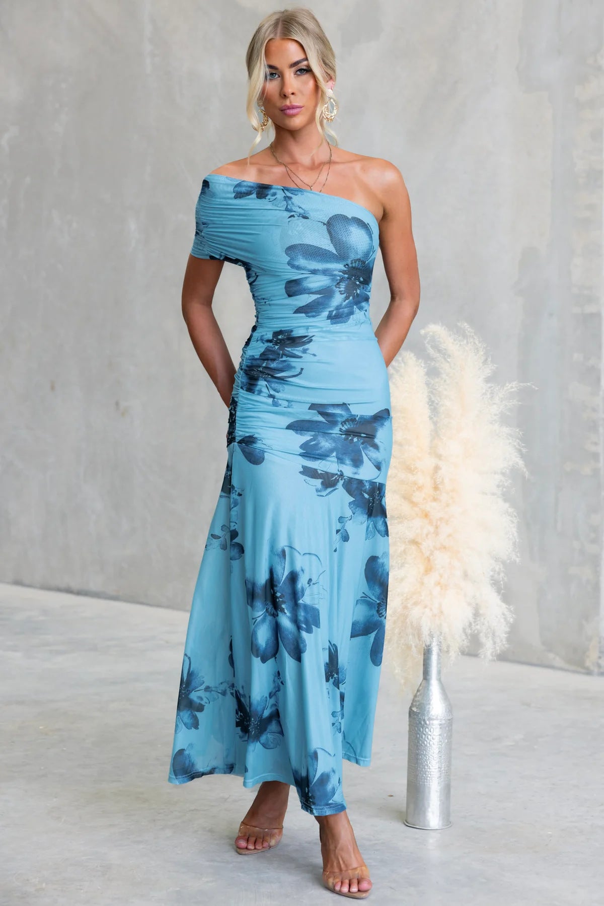 Floral Print One-Shoulder Ruched Maxi Dress