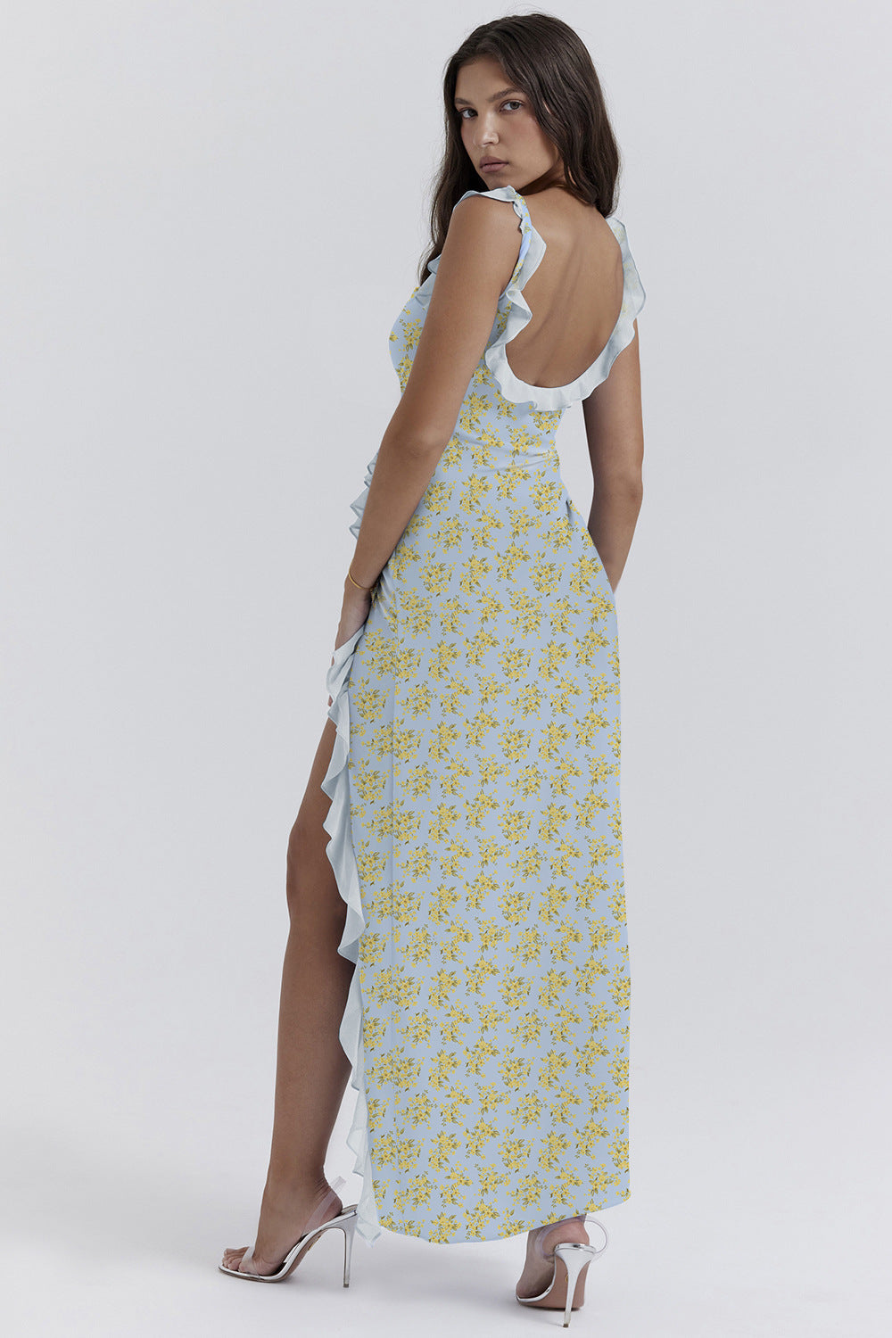 cherry ruffle maxi dress-blue flower