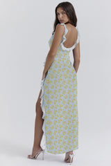cherry ruffle maxi dress-blue flower