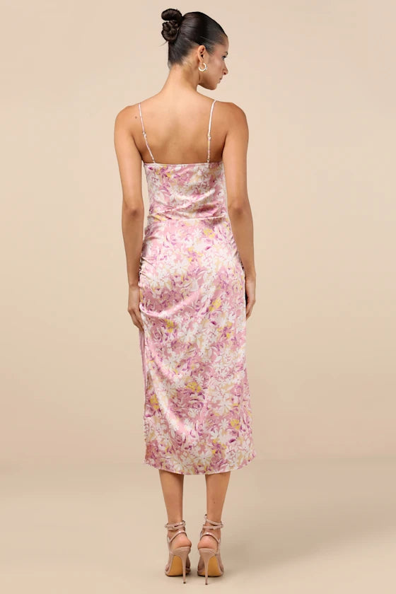 Truest Romance Pink Floral Print Sleeveless Ruched Midi Dress