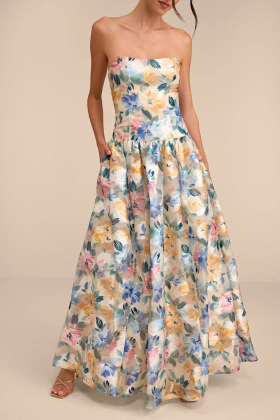 Mikayla Beige Multi Floral Jacquard Maxi Dress