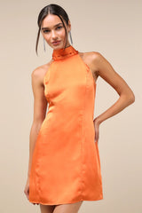 Infinite Admiration Orange Satin Halter Mini Dress