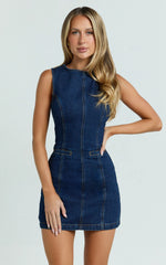 High Neck Fitted Denim Dress in Indigo Wash
