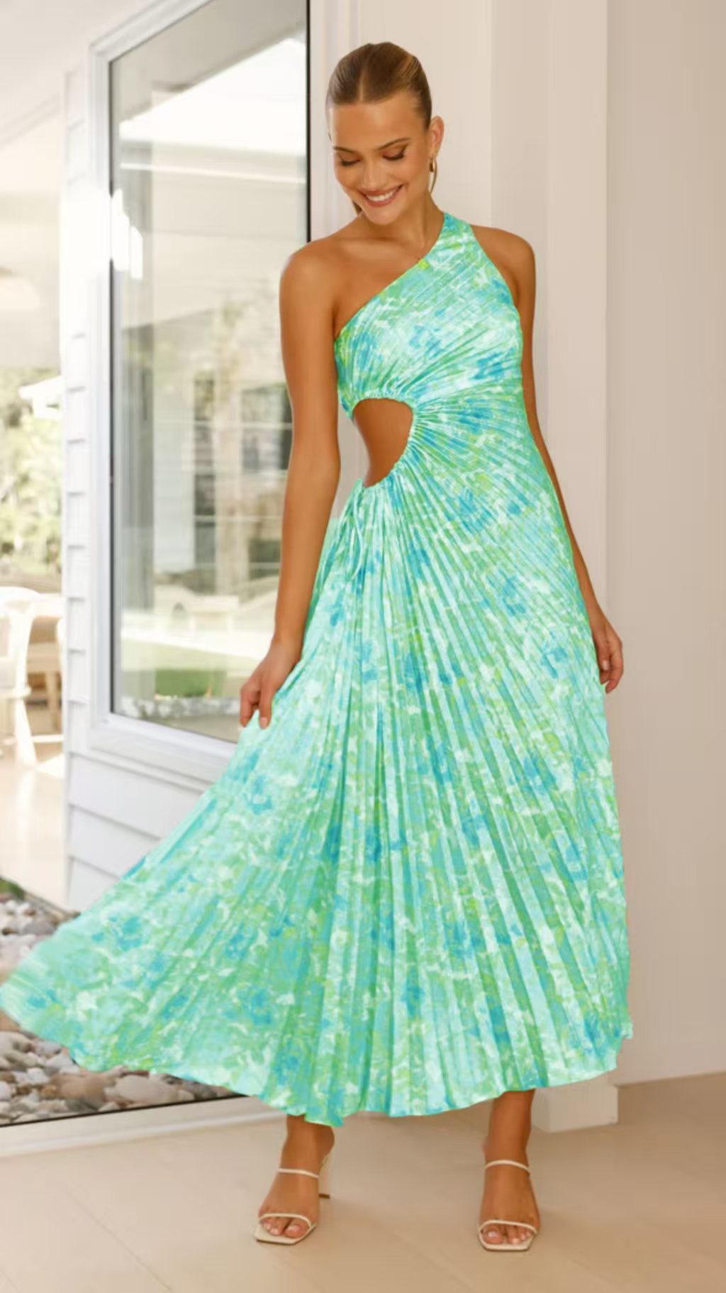 Elegant Pleated One Shoulder Cut-out Waist Midi Dress
