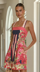 Unique Print Square Neck Sleeveless Casual Pocket Mini Dress