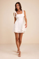 Adorable Approach White Floral Embroidered Tie-Strap Mini Dress