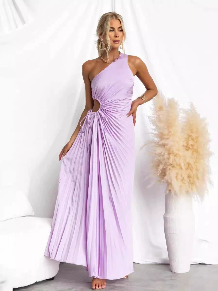 Elegant Pleated One Shoulder Cut-out Waist Midi Dress