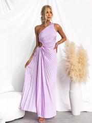 Elegant Pleated One Shoulder Cut-out Waist Midi Dress