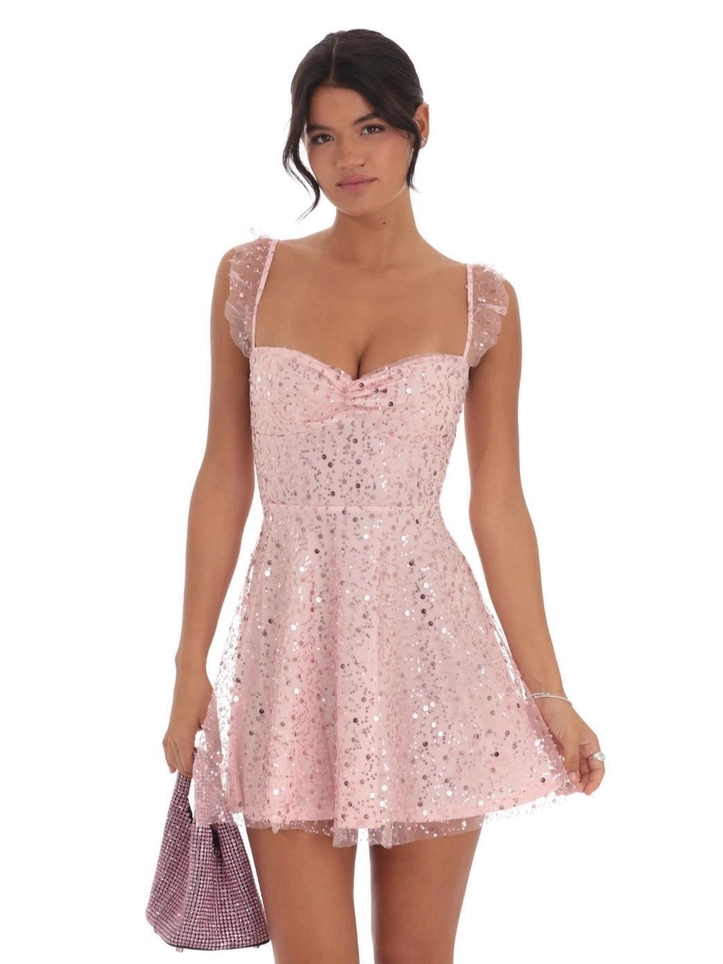 Sequin Ruffle Strap A-Line Dress in Pink